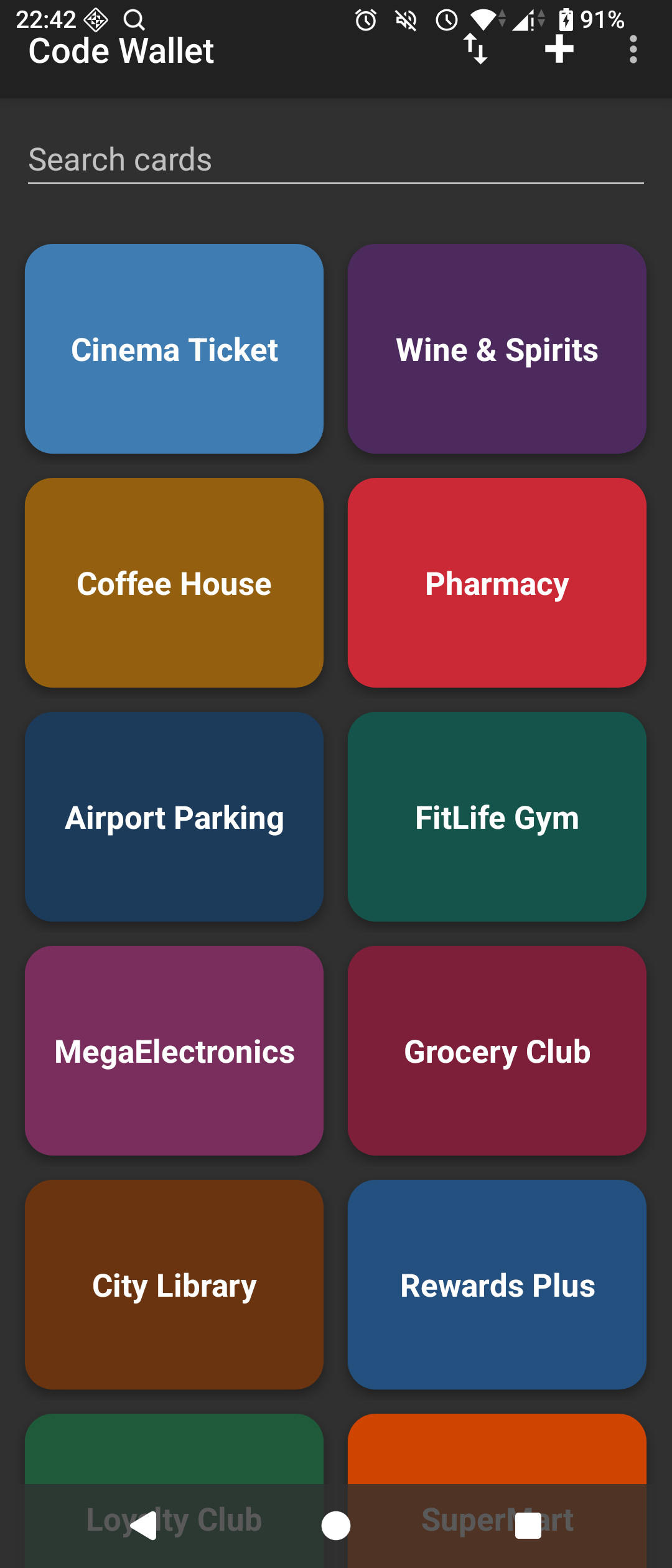 Code Wallet's main view, showing various placeholder cards